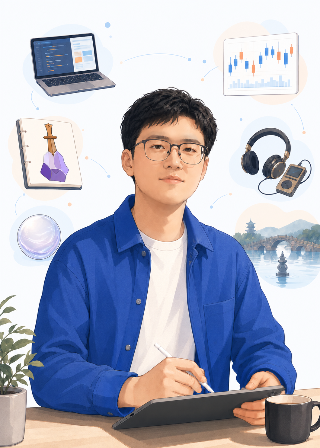 阿土的自画像:电脑、笔记、旧播放器与杭州西湖